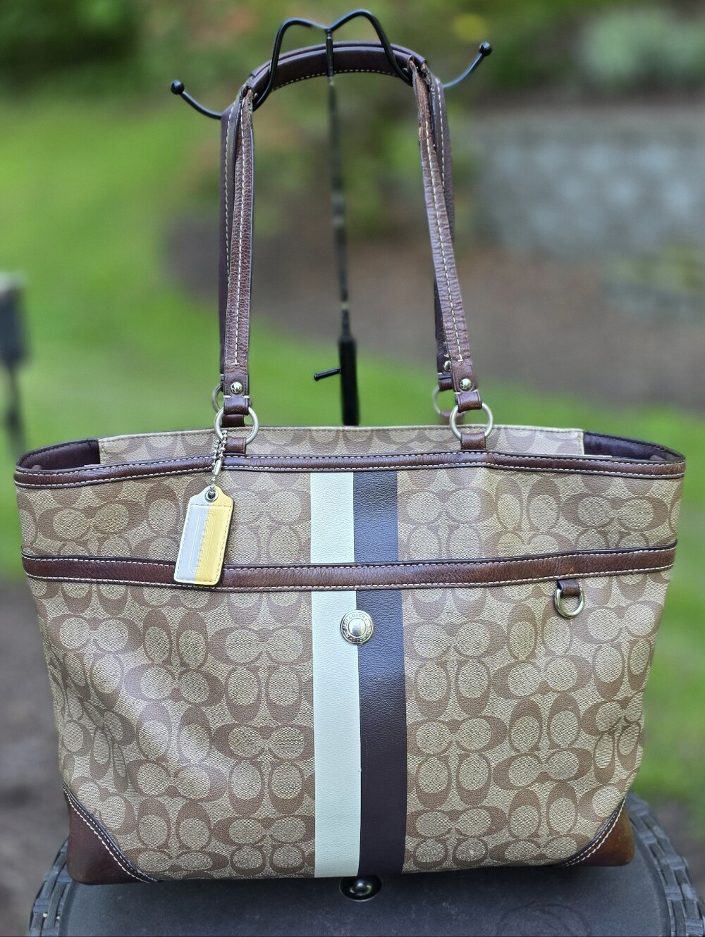 Coach Brown and Cream Signature Stripe Tote